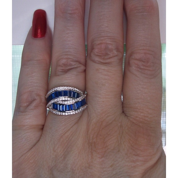 925 STERLING SILVER Blue Spinel & Cubic Zirconia Crossover Ring - Picture 2 of 15